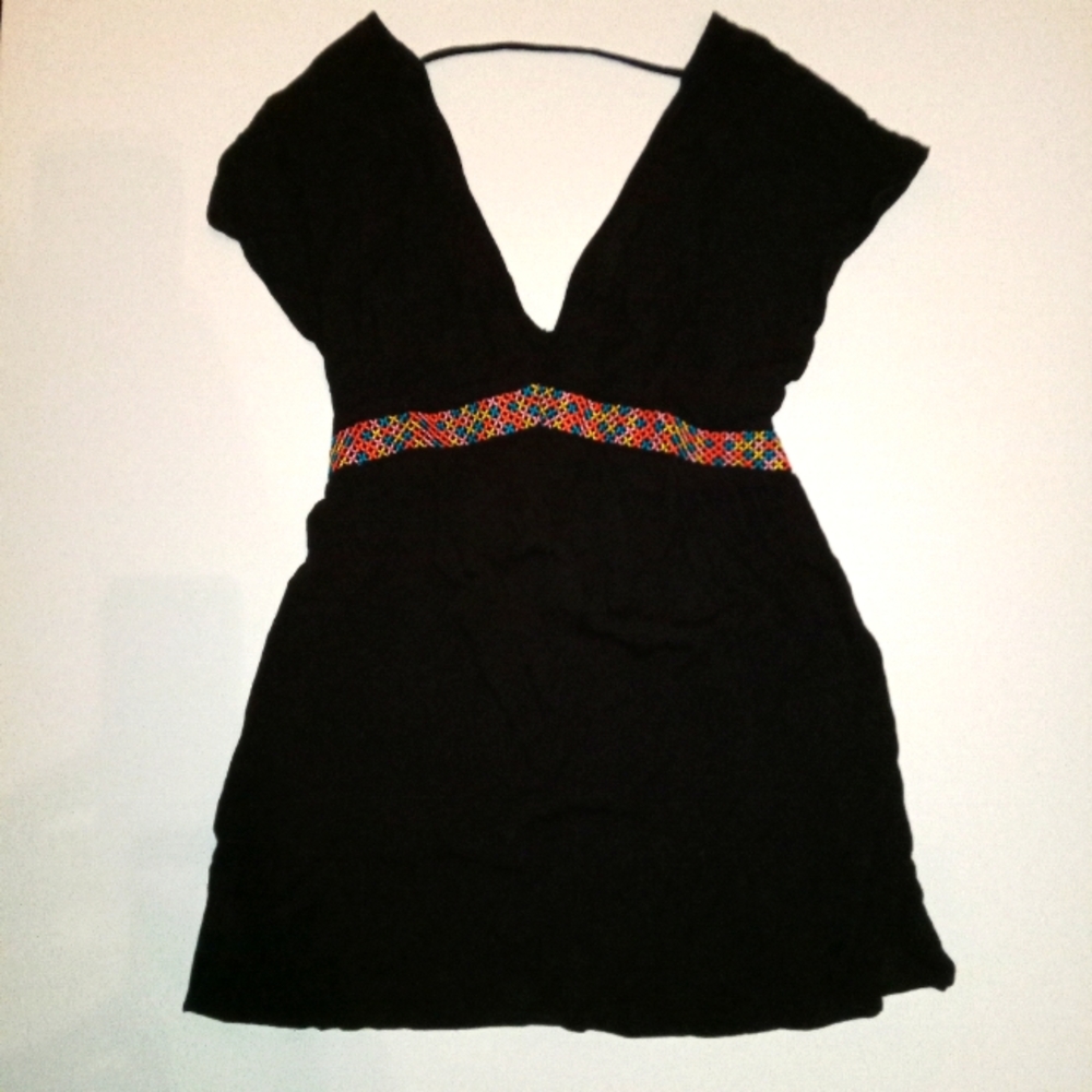 Black Mini Flowy Dress with MultiColor Embroidery at Waist S